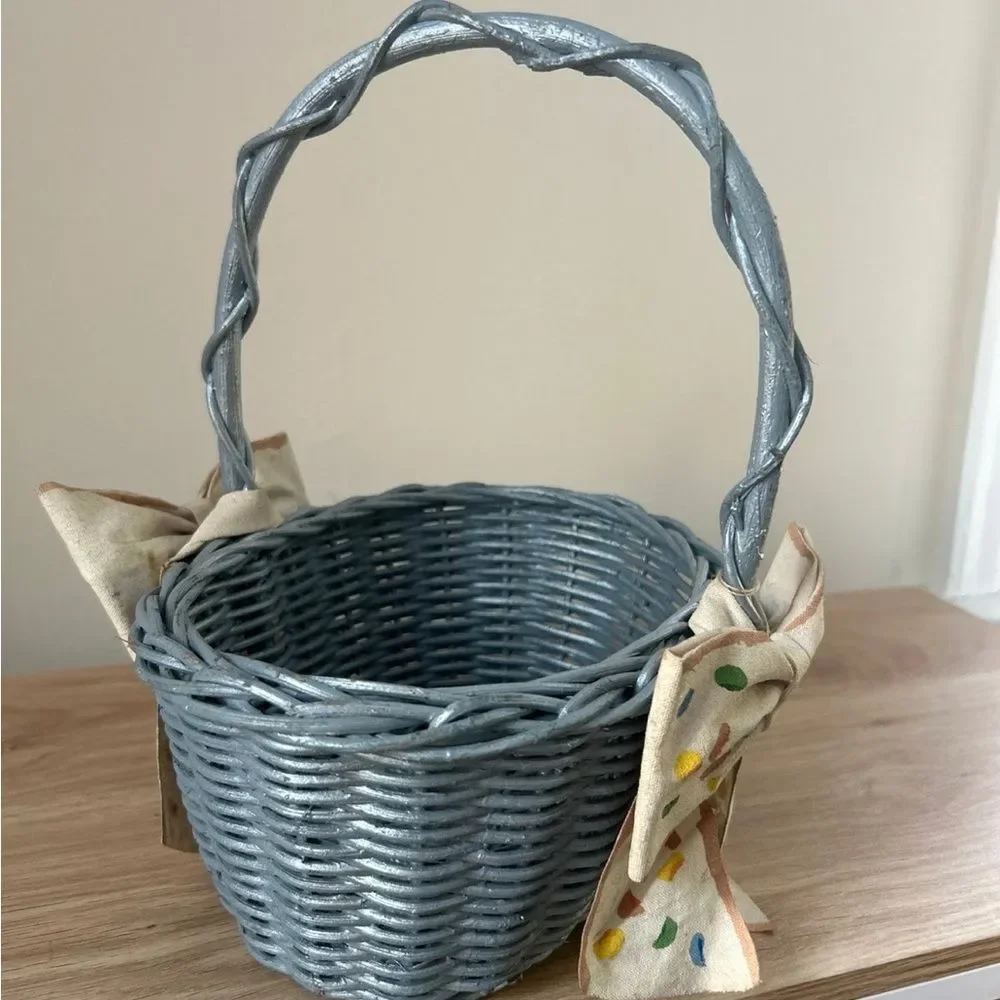 Vintage Woven Wicker Basket with Bow - Blue and Multicolor